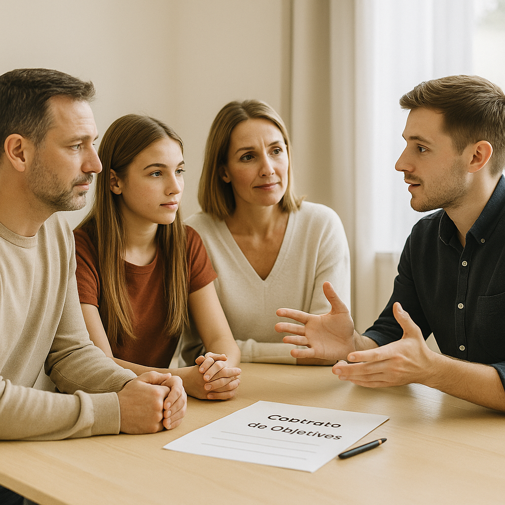 mentor con padres mentor reunido con los padres y la hija planificando el gap year